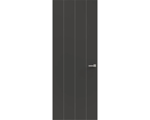 Moderne binnendeur in antraciet met drie verticale lijnen en zilverkleurige deurklink.