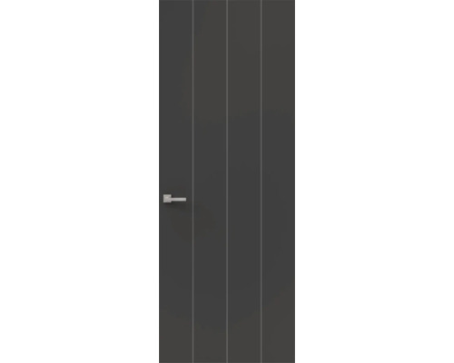 Binnendeur in donkergrijs met vier verticale lijnen en een zilverkleurige deurkruk.