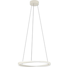 Witte moderne hanglamp in ringvorm met een golvend ontwerp en drie ophangkabels.