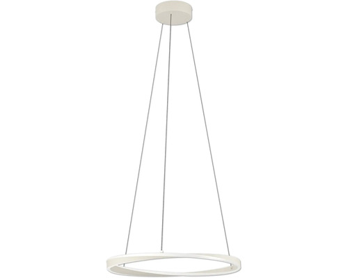 Witte moderne hanglamp in ringvorm met een golvend ontwerp en drie ophangkabels.