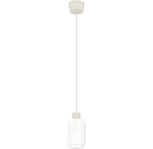 Witte hanglamp met cilindrische glazen kap en bijpassende plafondkap.