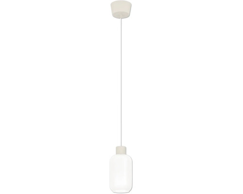 Witte hanglamp met cilindrische glazen kap en bijpassende plafondkap.