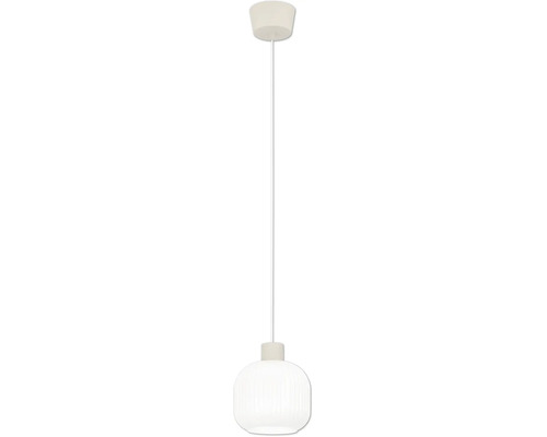 Witte hanglamp met geribbelde glazen kap en plafondkap.