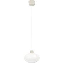 Hanglamp met witte, ovale glazen kap, wit snoer en plafondkap.