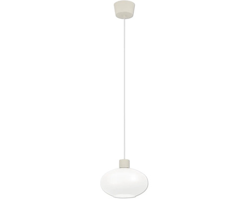 Hanglamp met witte, ovale glazen kap, wit snoer en plafondkap.