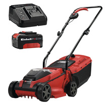 Rode Einhell accu-grasmaaier inclusief 4,0 Ampère-uur Power X-Change accu en oplader.