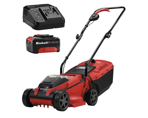 Rode Einhell accu-grasmaaier inclusief 4,0 Ampère-uur Power X-Change accu en oplader.