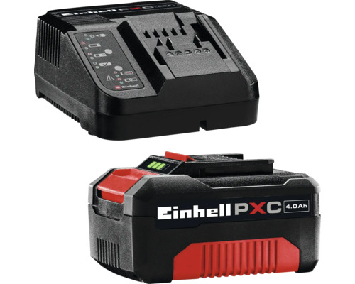 Einhell Power X-Change accu starter kit bestaande uit een 4,0 Ampère-uur accu en een bijbehorende lader voor elektrisch gereedschap.