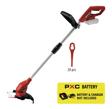 Einhell accu-grastrimmer met telescoopsteel, extra handgreep en 20 reservemessen. Accu en lader zijn niet inbegrepen.