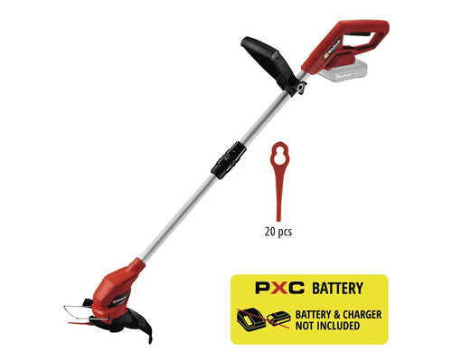 Einhell accu-grastrimmer met telescoopsteel, extra handgreep en 20 reservemessen. Accu en lader zijn niet inbegrepen.