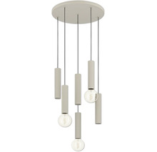 5-lichts hanglamp met geribbelde cilindrische kappen en ronde plafondplaat.