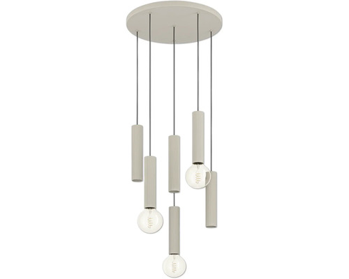 5-lichts hanglamp met geribbelde cilindrische kappen en ronde plafondplaat.