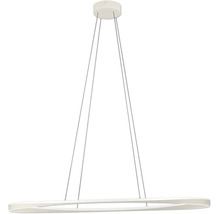 Moderne led-hanglamp in ringvorm met vier dunne ophangkabels en ronde plafondbevestiging.