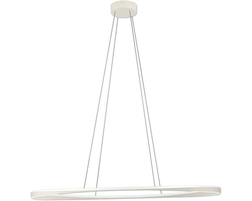 Moderne led-hanglamp in ringvorm met vier dunne ophangkabels en ronde plafondbevestiging.
