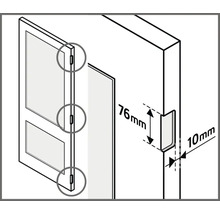 Technische tekening van een deuruitsparing met afmetingen van 76 millimeter hoogte en 10 millimeter diepte en gemarkeerde scharnierposities.