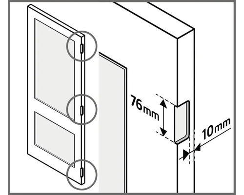 Technische tekening van een deuruitsparing met afmetingen van 76 millimeter hoogte en 10 millimeter diepte en gemarkeerde scharnierposities.
