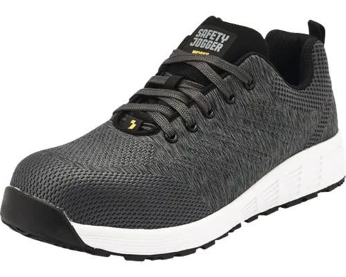 Safety Jogger werkschoen in sneakerstijl met grijs mesh bovenwerk, witte tussenzool en zwarte beschermneus.