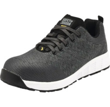 Safety Jogger werkschoen in sneakerstijl met grijs mesh bovenwerk, witte tussenzool en zwarte beschermneus.