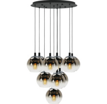 Tiendeelige hanglamp met glazen bollen aan een ronde zwarte plafondplaat en zichtbare filament lichtbronnen.