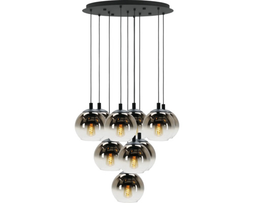 Tiendeelige hanglamp met glazen bollen aan een ronde zwarte plafondplaat en zichtbare filament lichtbronnen.