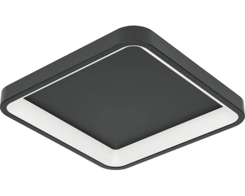 Vierkante LED-plafondlamp in zwart met afgeronde hoeken en wit lichtelement.