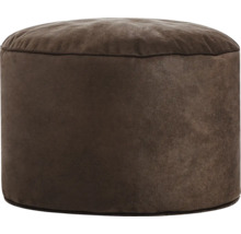 Ronde bruine poef met bekleding in suèdelook.