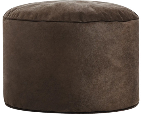 Ronde bruine poef met bekleding in suèdelook.