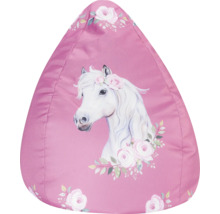 Roze zitzak met een witte paardenkop en een rozenpatroon.