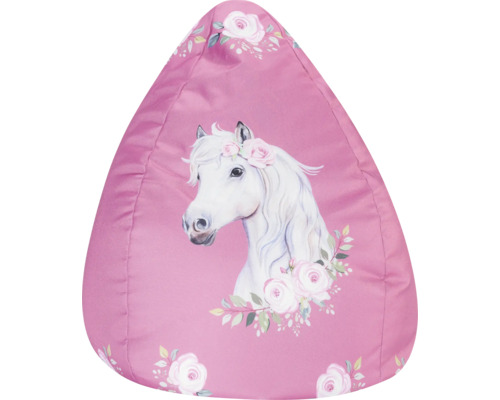Roze zitzak met een witte paardenkop en een rozenpatroon.