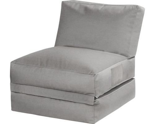 Opvouwbare fauteuil logeerbed van grijze stof met zijvak.