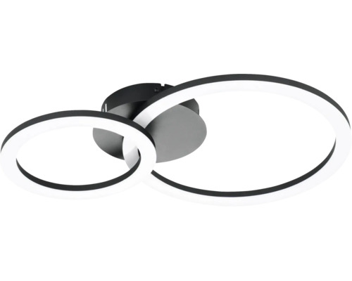 Moderne LED-plafondlamp met twee in elkaar grijpende ringen, zwart.