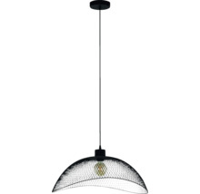 Zwarte hanglamp met gewelfde metalen roosterkap en zichtbare lichtbron.