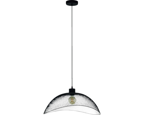 Zwarte hanglamp met gewelfde metalen roosterkap en zichtbare lichtbron.
