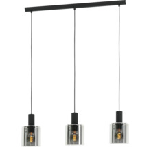 Drielichts hanglamp in zwart van metaal en glas met zichtbare lichtbronnen.