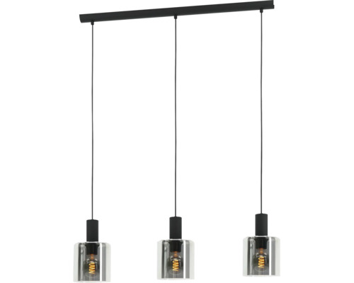 Drielichts hanglamp in zwart van metaal en glas met zichtbare lichtbronnen.