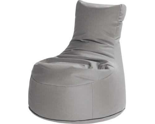 Grijze zitzak in de vorm van een fauteuil met rugleuning van stof.