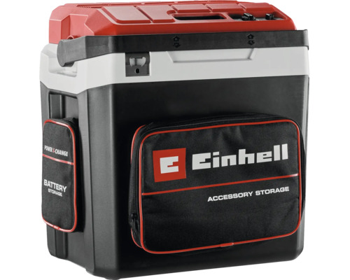 Einhell hybride koelbox met handvat, flesopener en opbergvakken voor accu en accessoires.