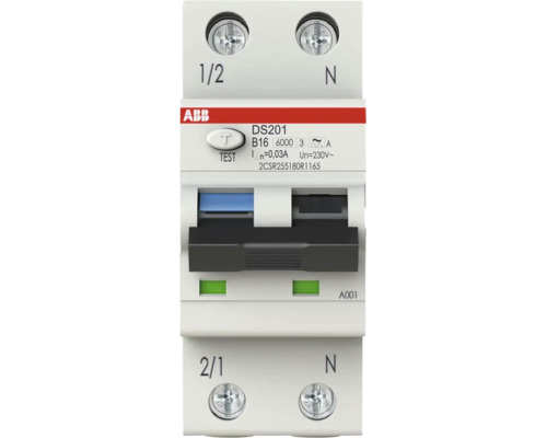 ABB aardlekautomaat DS201 B16 30 Milliampere, eenpolig met nulgeleider, voor montage op DIN-rail in de groepenkast. ABB Logo.