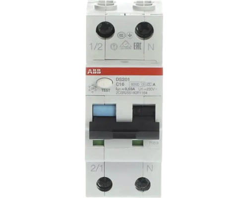 ABB aardlekautomaat DS201, C16, 0,03 Ampere, 230 Volt, tweepolig, ABB Logo.