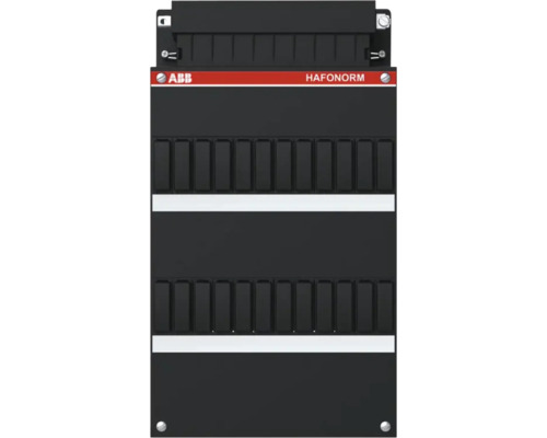 Zwarte ABB Hafonorm verdeelkast met twee rijen voor modulaire componenten, ABB Logo.