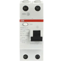 Aardlekschakelaar ABB FH202 A, tweepolig, 40 Ampere, 30 Milliampere, met testknop en schakelhendel. ABB Logo.