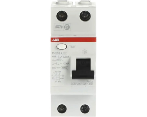 Aardlekschakelaar ABB FH202 A, tweepolig, 40 Ampere, 30 Milliampere, met testknop en schakelhendel. ABB Logo.