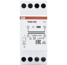 ABB Logo, beltransformator TS8/8 SW, 8 Volt, 8 Voltampère, 1 Ampère, aan-uitschakelaar, EAC-markering, VDE-veiligheidsteken.
