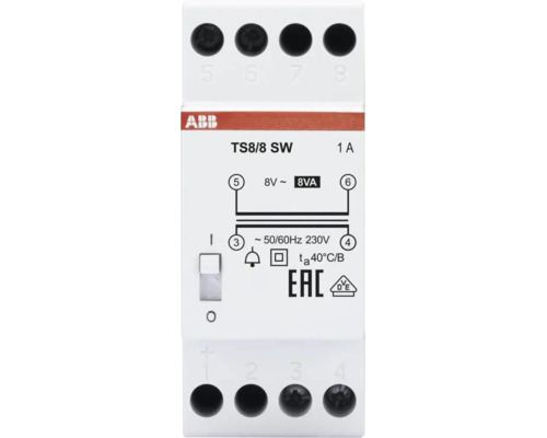ABB Logo, beltransformator TS8/8 SW, 8 Volt, 8 Voltampère, 1 Ampère, aan-uitschakelaar, EAC-markering, VDE-veiligheidsteken.