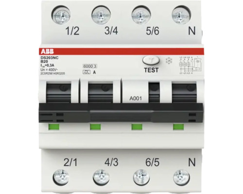 ABB aardlekautomaat DS203NC B20, vierpolig, 400 Volt wisselspanning, 0,3 Ampere, met testknop, statusindicatoren en ABB Logo.