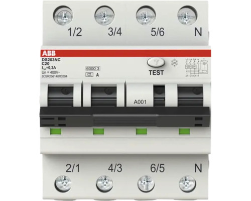 ABB aardlekautomaat DS203NC, C20, 300 milliampère, 3-polig plus nul, met testknop.