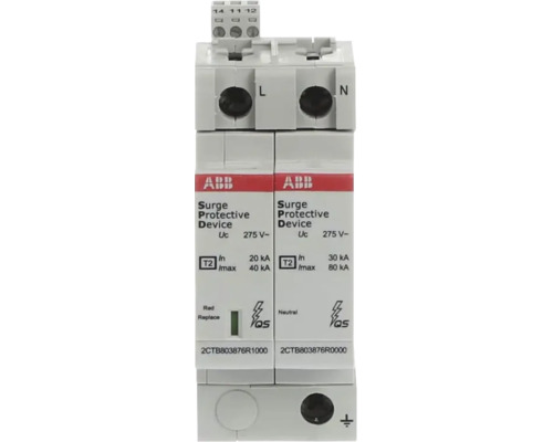 ABB overspanningsbeveiliging type 2 voor DIN-railmontage met geïntegreerde statusindicator.