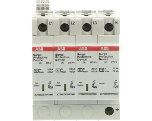 ABB overspanningsbeveiliging type 2, 4-polig voor L1, L2, L3 en nulgeleider, Uc 275 Volt, In 20 kiloampère, Imax 40 kiloampère.