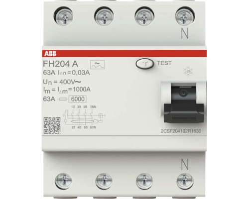 ABB aardlekschakelaar FH204 A, 4-polig, 63 Ampere, 0,03 Ampere lekstroom, 400 Volt.