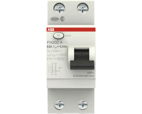 ABB aardlekschakelaar FH202 A, 2-polig, 63 Ampere, 30 Milliampere, 230 Volt, voorzien van testknop en zwarte schakelaar.